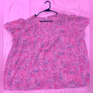 Carolina Belle Montreal White/Pink/Navy Polka Dot Short Sleeve Blouse Plus 2X